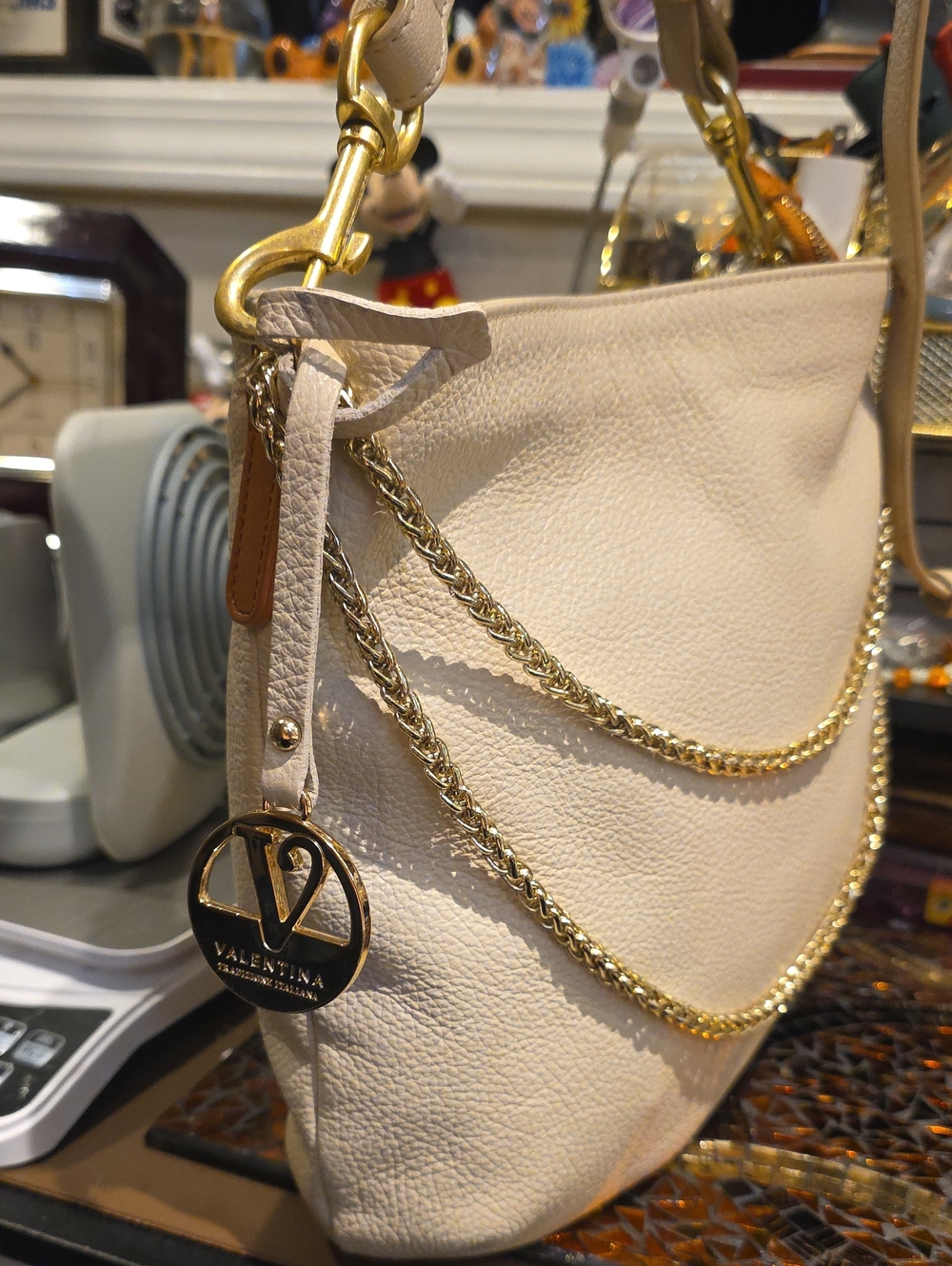 Valentina Cream Leather Shoulder Bag with Gold Chain Trim